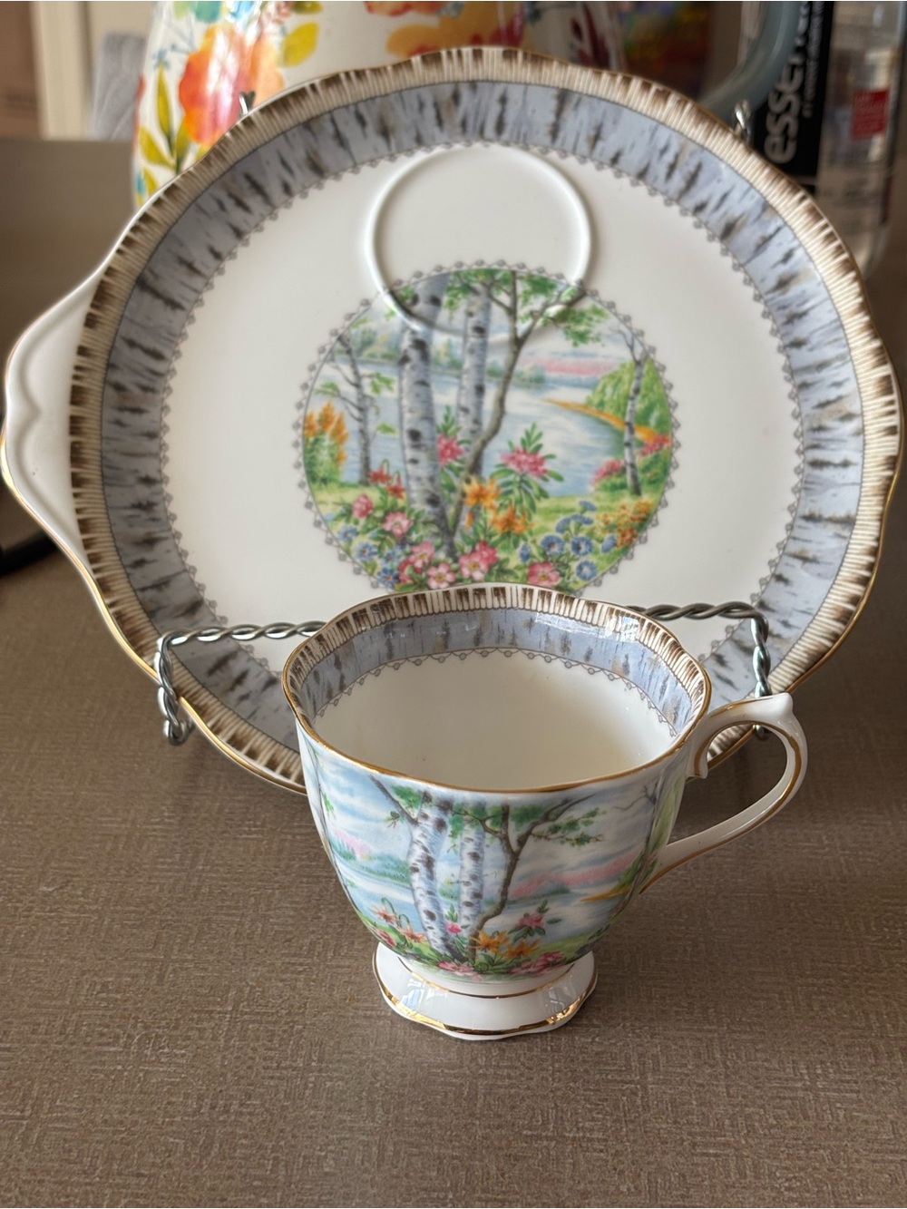 Royal Albert Birch Tree Teacup and Saucer in White, Gold and Green Floral Scene